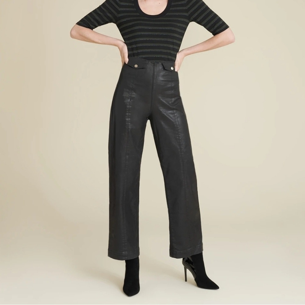 Veronica Beard Brinley Wide Crop Pants Womens 25 Black Coated High Rise Trouser